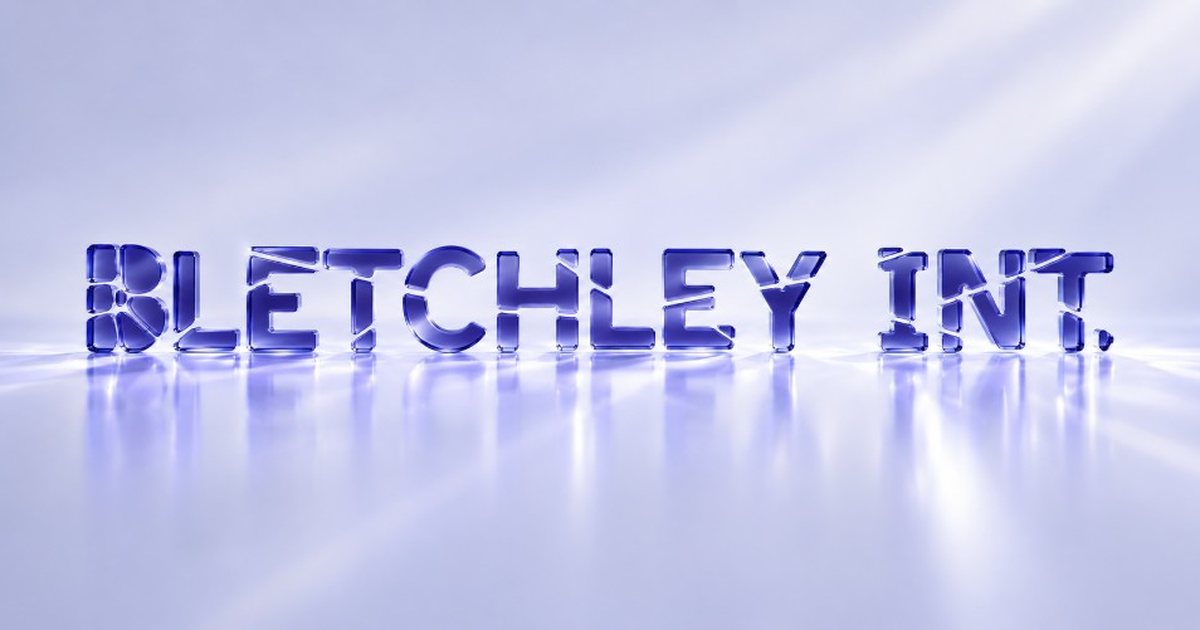 Bletchley Int. wordmark in indigo glass on a pale background